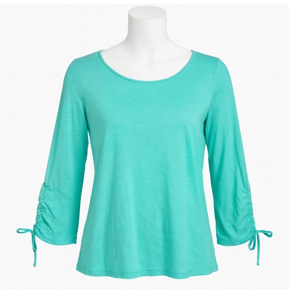 Belle Kim Gravel Ruched Sleeve Top Womens M Teal Green Casual Boho Minimalist